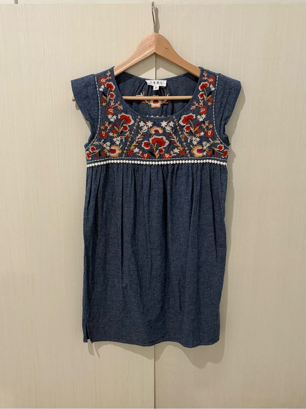 THML Cottagecore Sz XS Denim Blue Embroidered Floral Dress